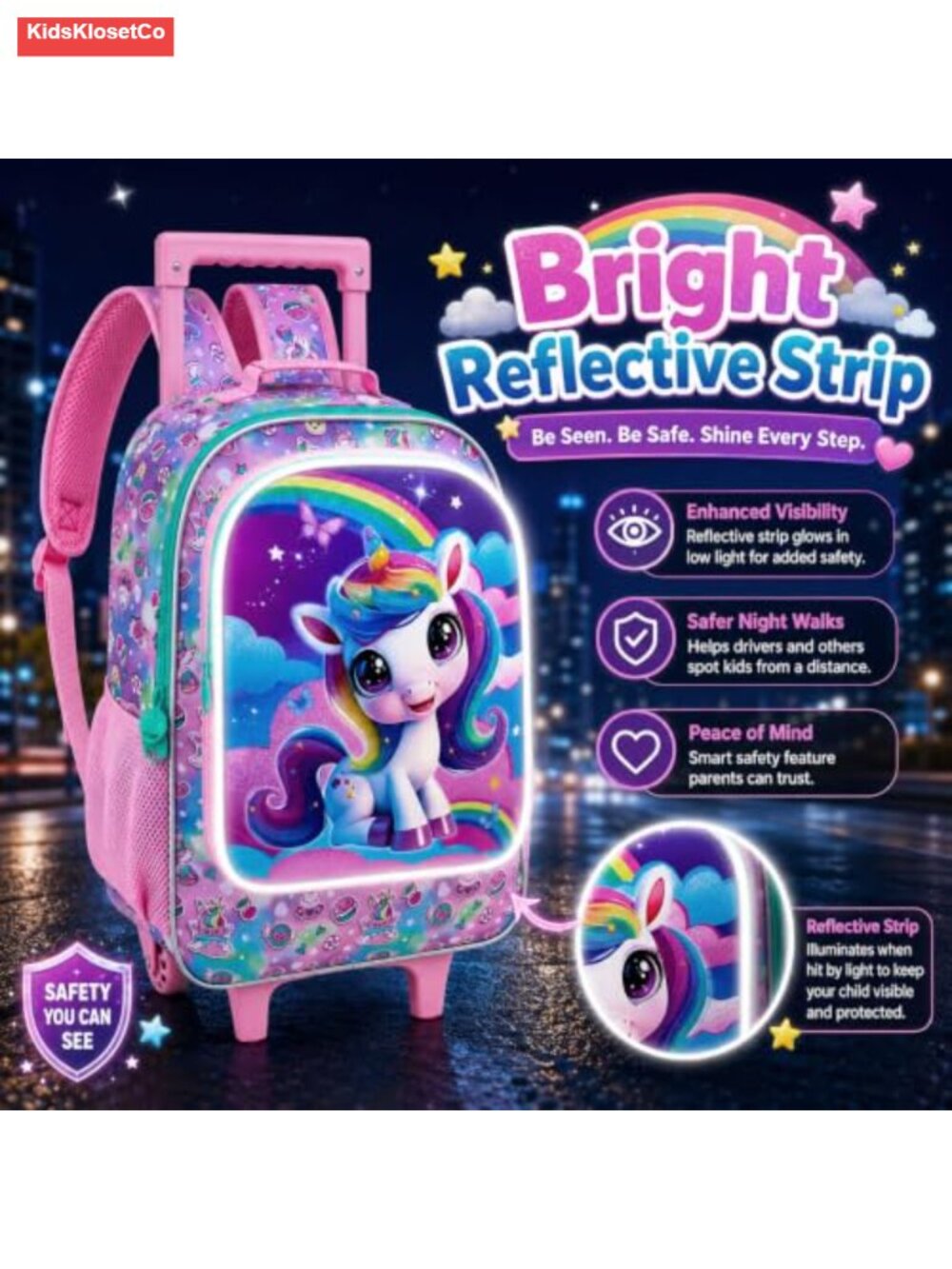 3PCS Rolling Backpack for Girls, Kids Wheeled Bookbag with Lunch Bag & Pencil - Picture 2 of 6
